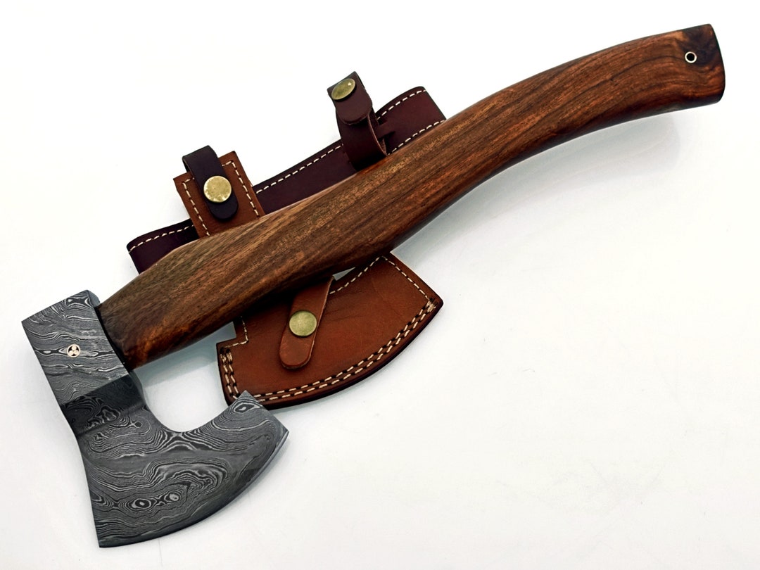 Handgefertigte Damast Axt Mit Lederhülle - Gebrauchsaxt Für Holz Und Garten