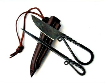 Medieval knife with awl + scabbard Viking;Celts hand-forged 4224