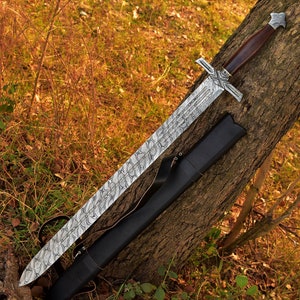 Double Edge Damascus Sword with Leather Sheath (Leather Handle)Custom Handmade 39 Inches Leather Handle Sword incredibly beautiful MAQ1713