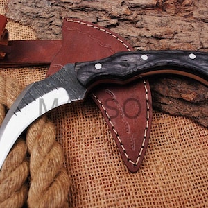 Op maat gemaakt Damascus stalen jachtmes Karambit mes Jacht Skinner Middeleeuws mes, riemmes, maq2067