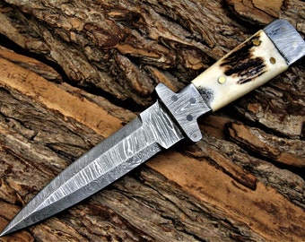 Handmade Damascus Steel Mini 6.7" Neck Skinner Knife Stag Horn Handle"Damascus Mini knife, very beautiful hand forged knife 4273C