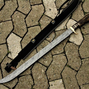 Double Edge Damascus Sword with Leather Sheath (Staghorn & Wood Handle)Custom Handmade 35 Inches Sword incredibly beautiful 2643