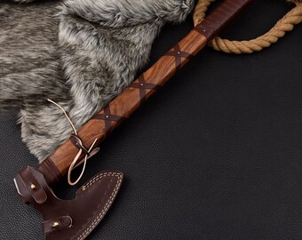 Hache Viking Damassée Artisanale - Acier Damas Avec Fourreau - Manche Frêne