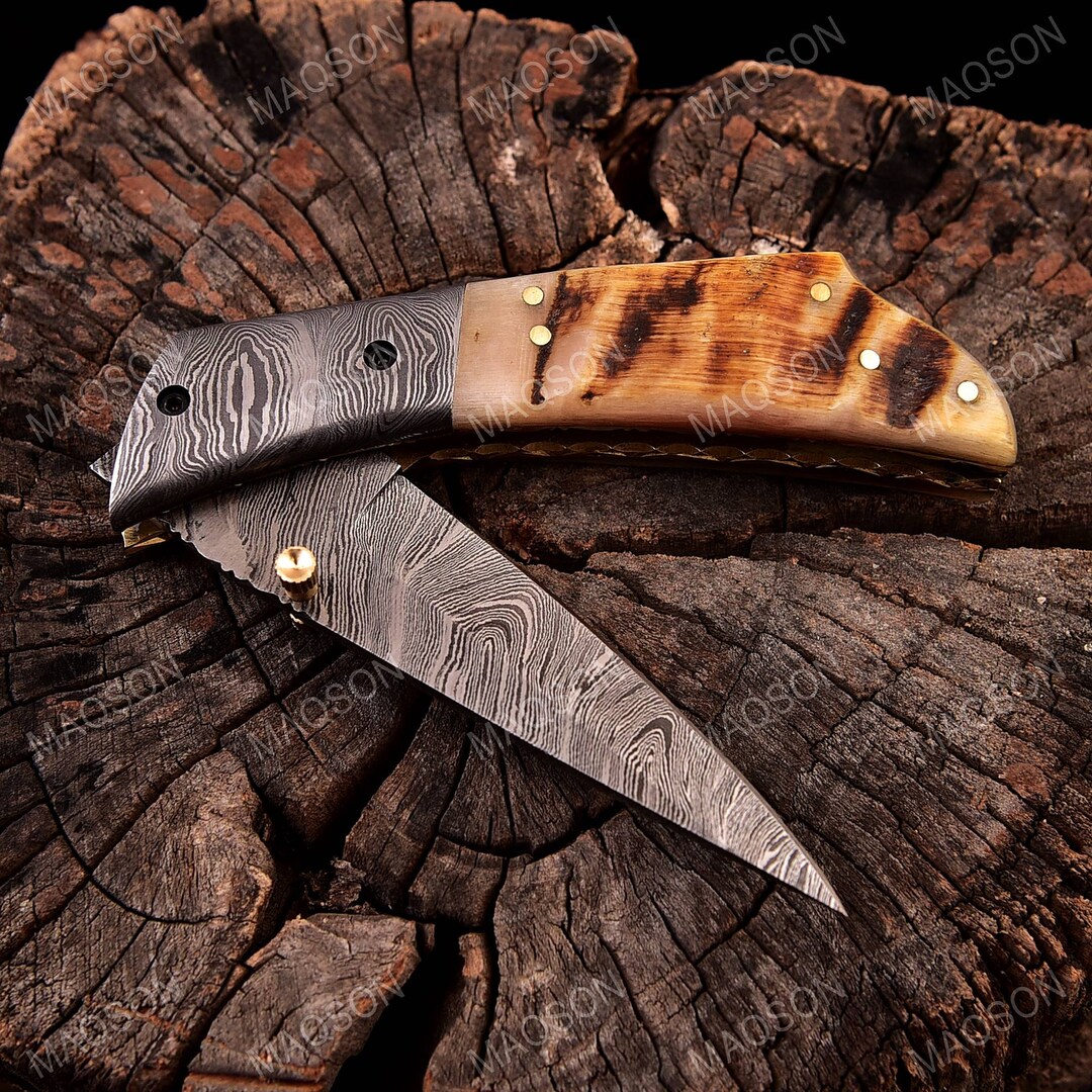 Exotic Wood & Horn Damascus Folding Knife – 3
