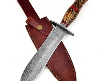 Damascus hunting knife beautiful blade grain Damascus steel with real leather cover MAQ4533