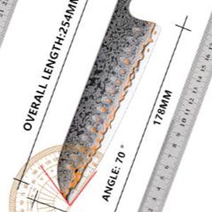 May include: A detailed image of a Damascus steel chef's knife. The overall length is 10 inches, with a blade length of 7 inches. The blade angle is 70 degrees, and the thickness is 0.08 inches. The knife weighs 3.2 ounces.