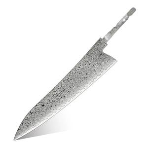 May include: A stainless steel chef knife blade with a unique patterned design. The blade is long and wide, with a sharp edge and a tang for attaching a handle. The metal has a swirling, textured appearance.