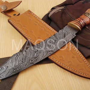 Custom Handmade Damascus Steel Hunting Bowie Knife with Wood Handle | MAQ1777