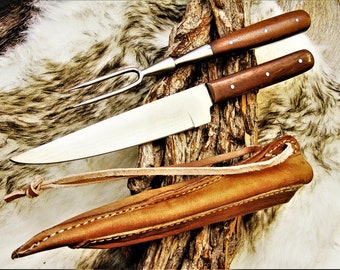 Medieval knife with fork + sheath; Celtic hand-forged 4266