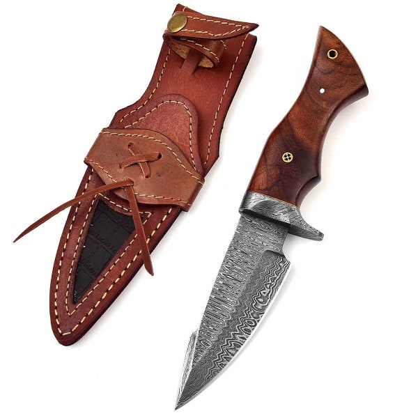 Damascus hunting knife beautiful blade grain Damascus steel with real leather cover MAQ4507