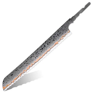 May include: A long, serrated knife with a patterned blade. The blade has a wavy design with a copper-coloured edge. The handle is a continuation of the blade, with a small, notched section at the end.