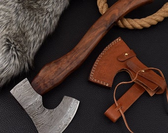 Hacha vikinga, acero de Damasco, con funda, forjada a mano, hacha medieval, hacha vikinga MAQ2671
