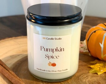 Pumpkin Spice Candle, 8 oz Glass Jar Candles, Handmade Soy Wax Candle,  Autumn Scents and Fall Decor Gifts