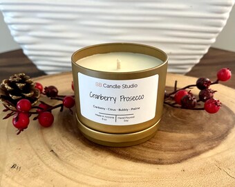 Cranberry Soy Candles, Handmade Soy Wax Candles,  8 oz Gold Tin Candle, Cranberry Prosecco Scented Candles and Gifts For Her