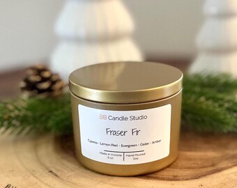 Fraser Fir Candle, Handmade Soy Wax Candle, 8 oz Gold Tin Candle, Holiday Decor and Christmas Gifts