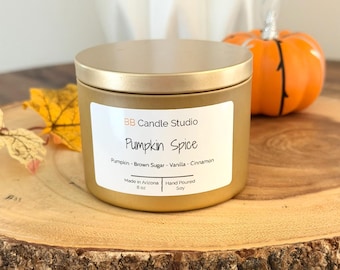 Pumpkin Spice Candle - Handmade Soy Wax Candles -  8 oz Gold Tin Candle - Autumn Scents and Fall Decor Gifts