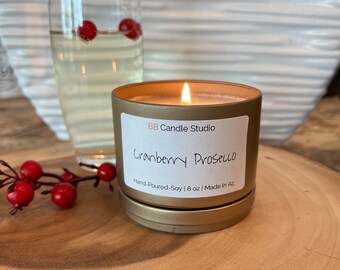 Cranberry Soy Candles, Handmade Soy Wax Candles,  8 oz Gold Tin Candle, Cranberry Prosecco Scented Candles and Gifts For Her
