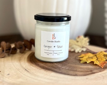 Ginger and Spice Soy Candle, Handmade Soy Wax Candles, 8 oz Glass Jar Soy Candle, Fall Scents and Autumn Gifts