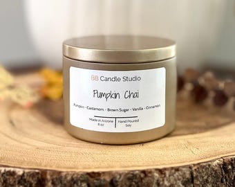 Pumpkin Chai Soy Candle, Handmade Soy Wax Candles, 8 oz Gold Tin Candles and Holiday Gifts