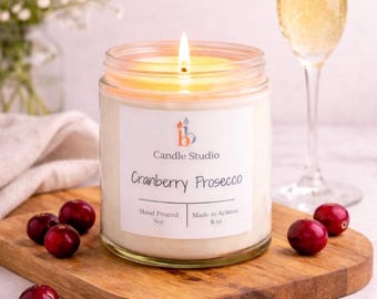 Cranberry Prosecco Candles, Handmade Soy Wax Candles, 8 oz Glass Jar and Gifts for Her
