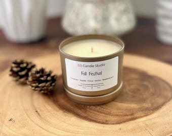 Fall Festival Soy Candle, Handmade Soy Wax Candles, 8 oz Gold Tin Container and Holiday Gifts