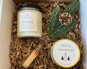 Christmas Candle Gift Box, Handmade Soy Wax Candles, Holiday Candles, 8 oz & 4oz Glass Jar Candles and Holiday Gifts