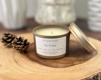 Fall Festival Soy Candle, Handmade Soy Wax Candles, 8 oz Gold Tin Container and Holiday Gifts