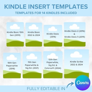 May include: A graphic showing different Kindle models and their release years. The graphic is designed to be used as a template for creating Kindle insert cards. The text on the graphic reads "Kindle Insert Templates" and "Templates for 14 Kindles Included".