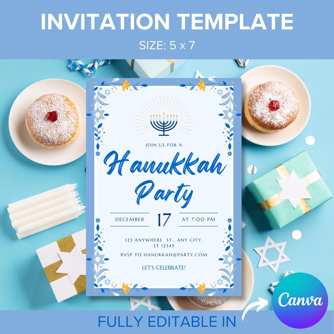 Editable Hanukkah Invitation Canva Digital Template, Custom Happy