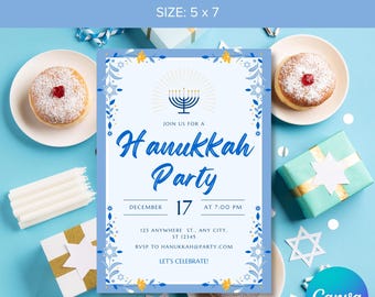 Editable Hanukkah Invitation Canva Digital Template, Custom Happy Hanukkah Party Invites
