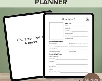 May include: A digital character profile planner with a black border. The planner includes sections for basic info, physical appearance, and personality traits. The text "CHARACTER PROFILE PLANNER" is at the top. The planner is 8.5 x 11 inches and hyperlinked.