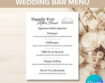 Plantilla Canva para menú de bar de bodas con temática de libros, menú de bebidas editable, decoración literaria para bodas, menú de bar para amantes de los libros, menú de bar con temática de libros