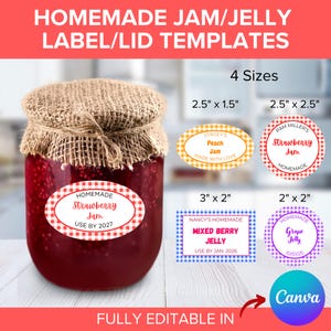 May include: A jar of homemade strawberry jam with a burlap lid, and several label templates. The labels are in various sizes and feature text like "Strawberry Jam" and "Mixed Berry Jelly". The text "Homemade Jam/Jelly Label/Lid Templates" is at the top.