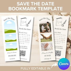 Peut inclure: Un modèle de marque-page imprimable "Save the Date" avec un design de livre et de plume. Le modèle comprend un calendrier, un code QR et un espace pour les noms, la date et le lieu du couple. Le texte "Save the Date" et "Book the Date" est inclus dans le design.