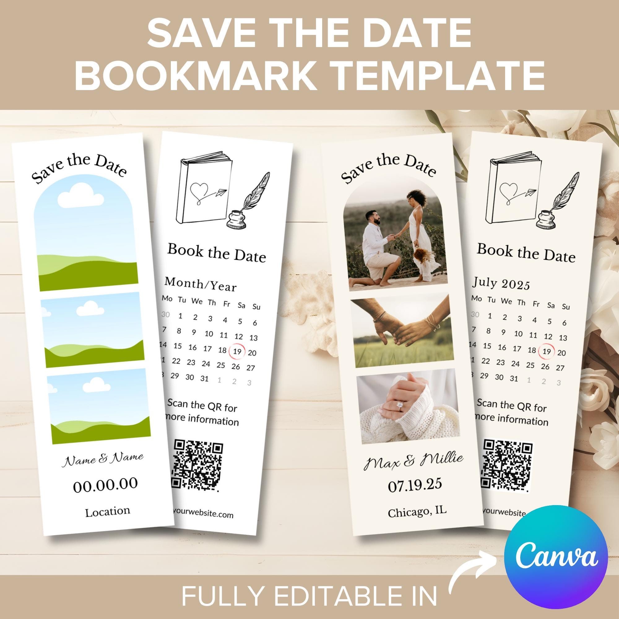 Personalized Save the Date Bookmark Canva Template, Custom Wedding ...