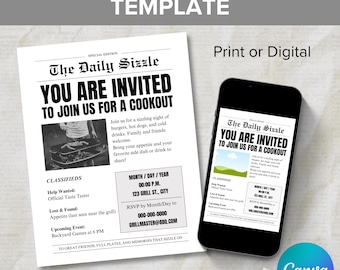 BBQ/Cookout Newspaper Invitation Canva Template, Editable Backyard BBQ Invite, Custom Cookout Flyer, Printable BBQ Party Invite