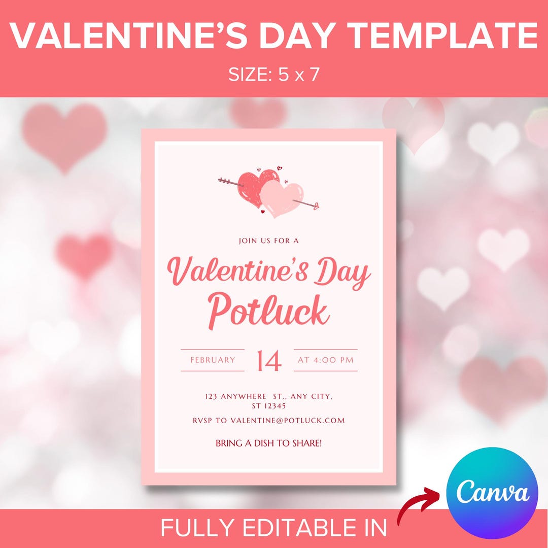 Editable Valentine's Day Potluck Invitation Canva Digital Template ...