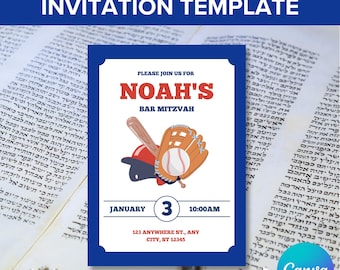 Editable Bar Mitzvah Invitation Canva Digital Template, Printable Customizable Invite