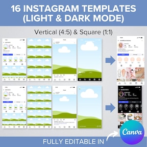 May include: A graphic showcasing 16 Instagram templates in light and dark modes, with vertical and square formats. The design includes mockups of Instagram profiles and posts, with a landscape theme. The Canva logo is visible.