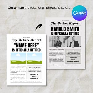 Puede incluir: Una plantilla de anuncio de jubilaci&oacute;n en blanco y negro de estilo peri&oacute;dico con el texto "The Retiree Report" y "[Name Here] is officially retired". La plantilla incluye un espacio reservado para una foto y espacio para detalles sobre la carrera y los planes de jubilaci&oacute;n del jubilado.