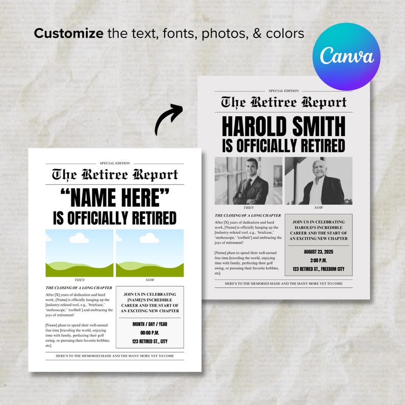 Puede incluir: Una plantilla de anuncio de jubilaci&oacute;n en blanco y negro de estilo peri&oacute;dico con el texto "The Retiree Report" y "[Name Here] is officially retired". La plantilla incluye un espacio reservado para una foto y espacio para detalles sobre la carrera y los planes de jubilaci&oacute;n del jubilado.