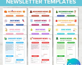 Back to School Classroom Newsletter Template Bundle, 12 Monthly Canva Teacher Newsletters, Editable Preschool, Kindergarten, Elementary