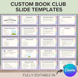 May include: A set of 16 customizable book club meeting slides with a purple background and rainbow borders. The slides include topics such as introduction, icebreaker questions, book of the month, setting and atmosphere, discussion questions, symbolism and motifs, top quotes, who said that, correct answer, character analysis, character relationships, who am I, book vs. movie, guess who character edition, guess who question examples, ratings and reviews, what will we read next, and join us on Facebook. The slides are fully editable in Canva.