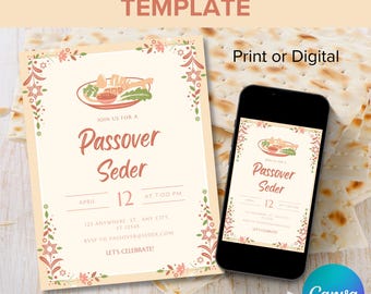 Invitación y volante de Pésaj editables en Canva, invitación imprimible para la cena del Séder, plantilla digital para celebrar festividades judías, volante para eventos judíos