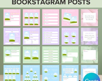May include: A set of 16 pastel-colored Instagram post templates for bookstagram featuring illustrations of clouds and hills. The templates include prompts such as "Currently Reading", "Favorite Character", "Book Recommendations", "What's the Last Book You Rated 5 Stars?", and "A Reader Lives in a Book".