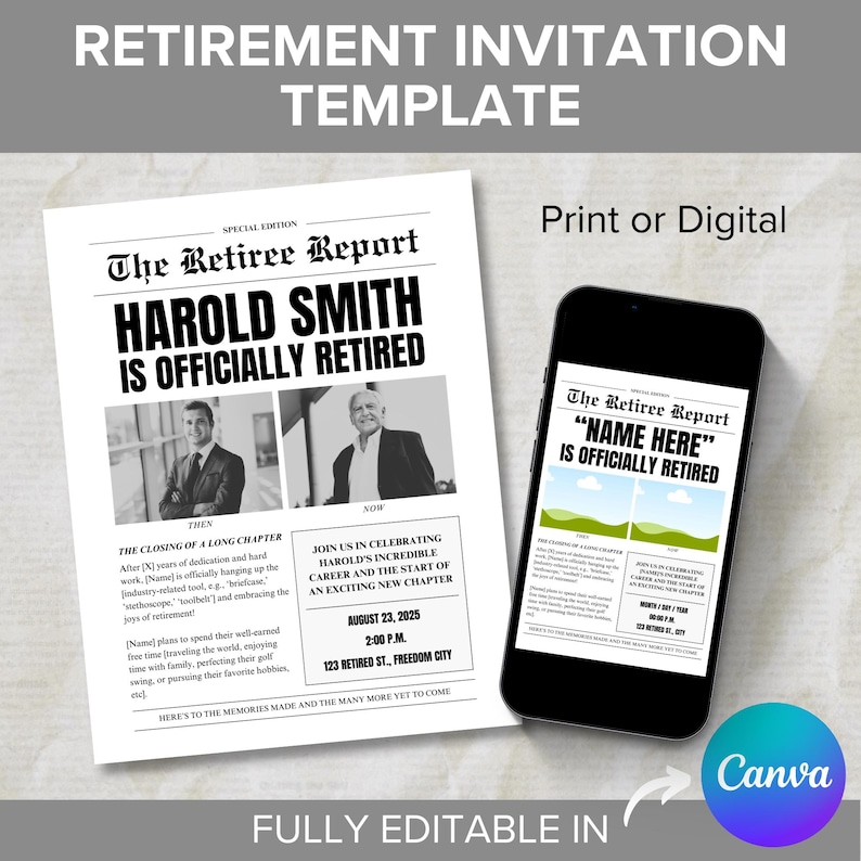 Puede incluir: Una plantilla de invitaci&oacute;n de jubilaci&oacute;n en blanco y negro estilo peri&oacute;dico con el texto "The Retiree Report" y "Harold Smith is Officially Retired". La plantilla incluye dos fotos del jubilado, una de "entonces" y otra de "ahora". La invitaci&oacute;n incluye la fecha, la hora y el lugar de la fiesta de jubilaci&oacute;n.