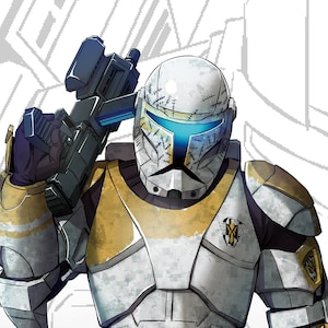 May include: A white and yellow armored clone trooper with a blue visor stands holding a blaster rifle. The background is gray with the text "BEFORE ORDER 66" and "Case of Gregor".