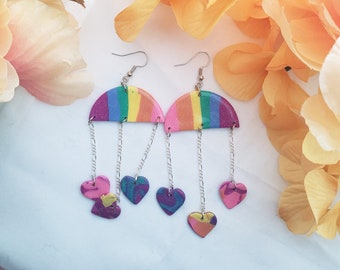 Glitter Rainbow Earrings, Polymer Clay Earrings, Pride Earrings, Glitter Earrings, Heart Earrings, Statement Earrings, Gift for Her