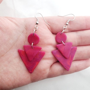 Layered Triangle Earrings, Pink Marble Earrings, Geometric Earrings, 80&#39;s Earrings, Retro Earrings, Pink and Purple Earrings, Trendy earring