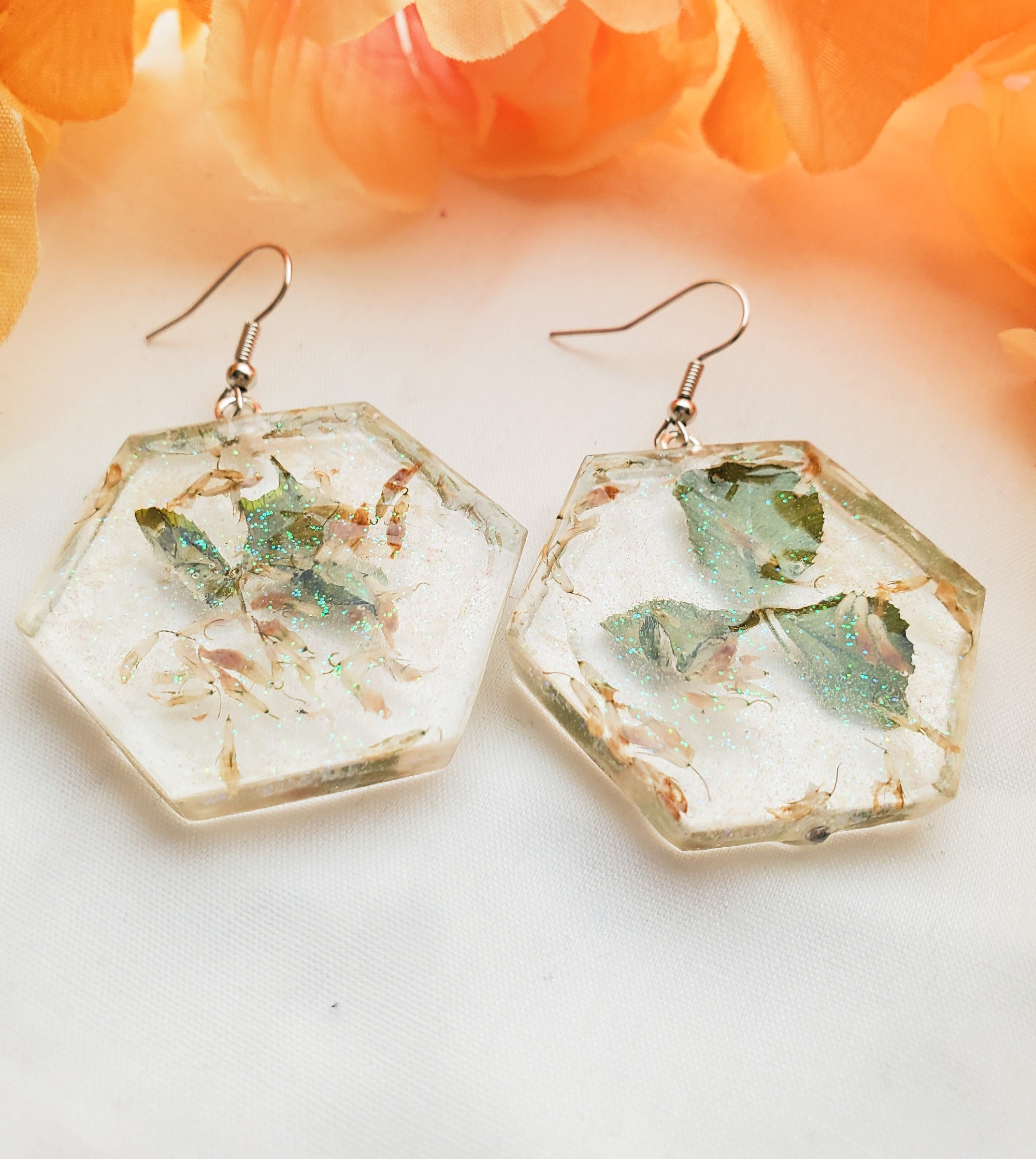 Preserved Plant Earrings Resin Earrings Hexagonal Earrings Etsy